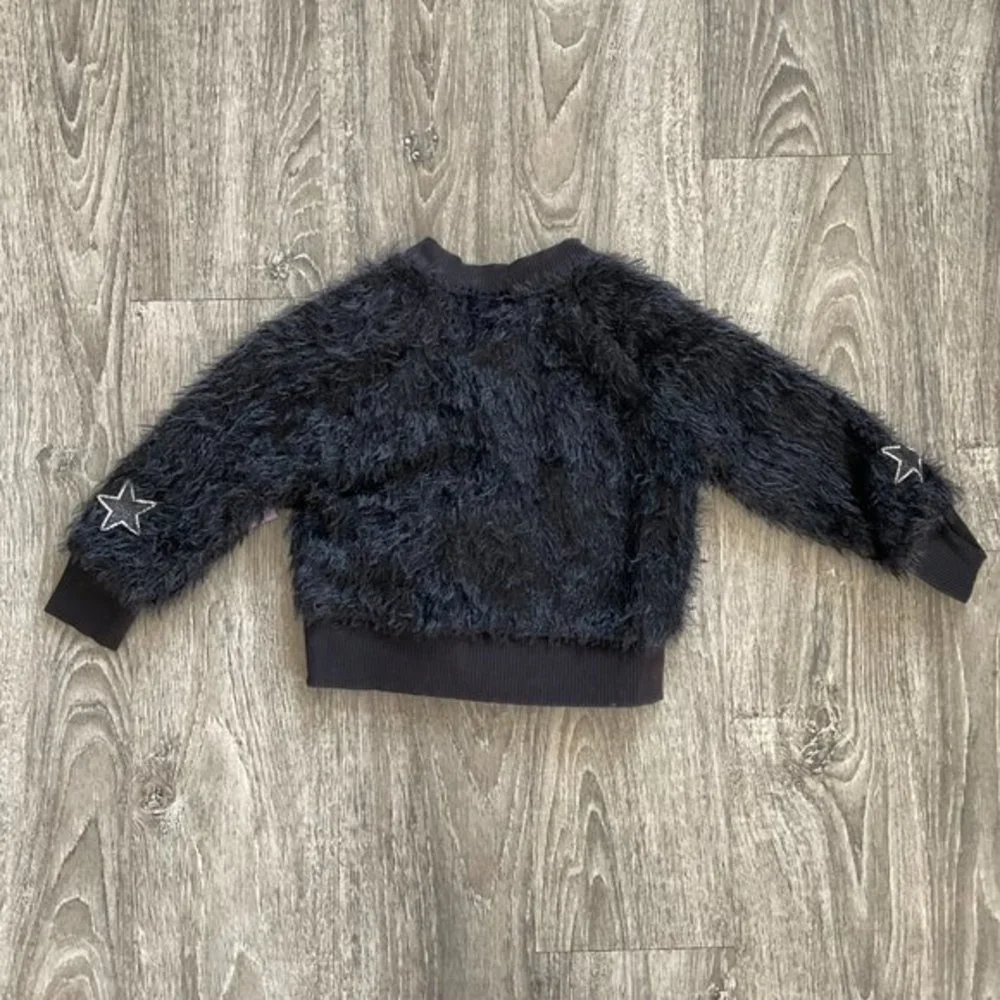 Little Mass Shaggy Stars Bomber Jacket Black Coat Leopard Lined‎ Made In USA NWT